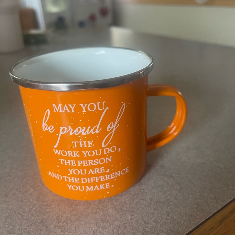 Orange Enamel Camping Mug with Inspirational Message